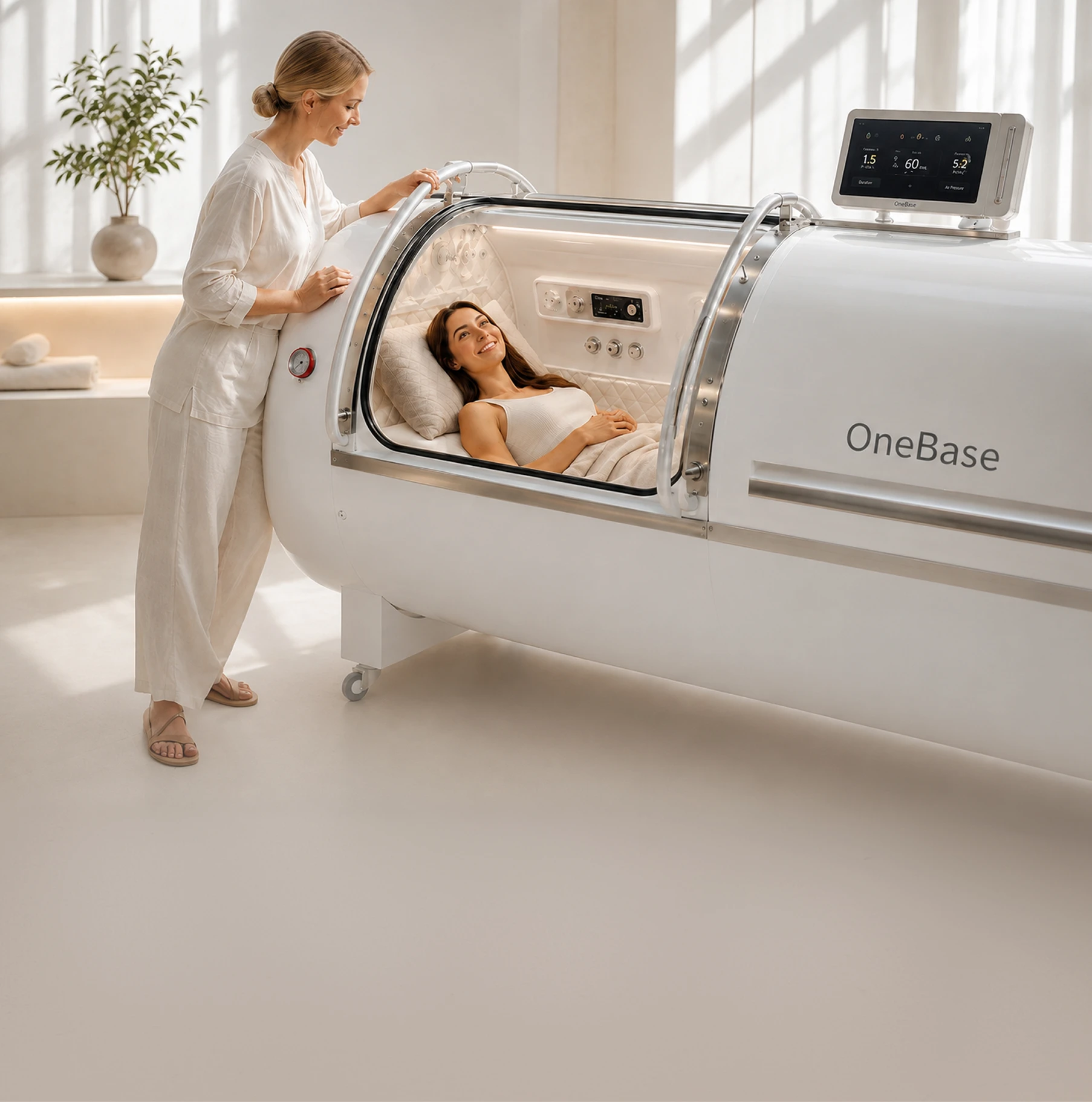 A guest resting inside the hyperbaric oxygen chamber at Restore Body & Mind Studio