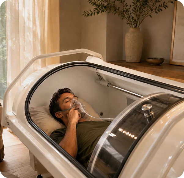 A guest relaxing inside the hyperbaric oxygen chamber
